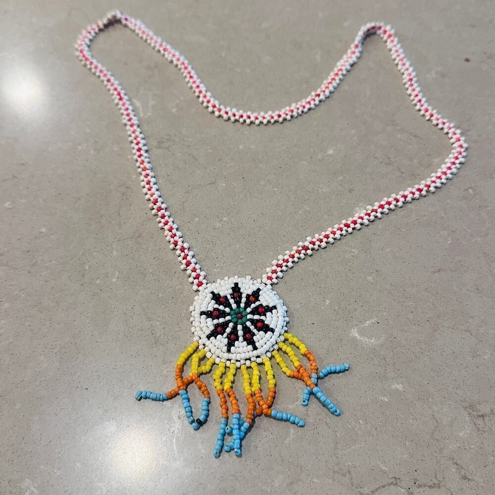Hand-Beaded Authentic Native American Star Medallion Leather Necklace